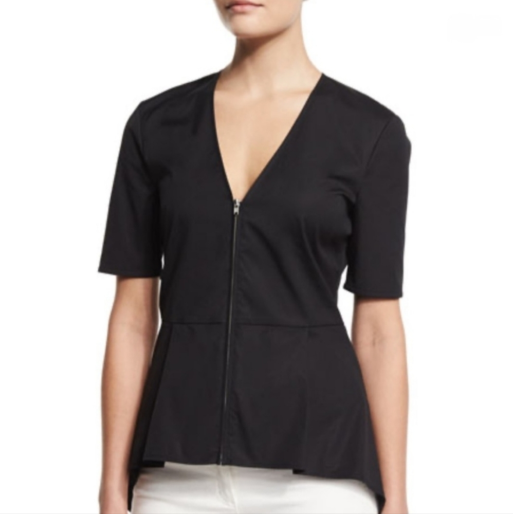 Veronica Beard Black Zip-Up V-Neck Blouse